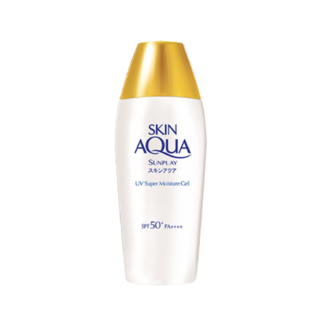 Rohto Mentholatum Sunplay Skin Aqua UV Super Moisture Gel SPF 50+ PA++++ 80g white tube with yellow top.