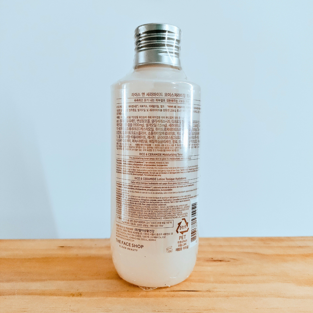 The Face Shop Rice & Ceramide Moisturizing Toner 150ml back of bottle