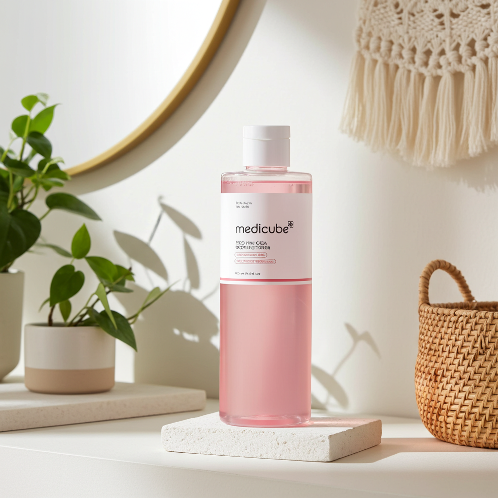 Medicube PDRN Pink Cica Soothing Toner 250ml on a shelf.