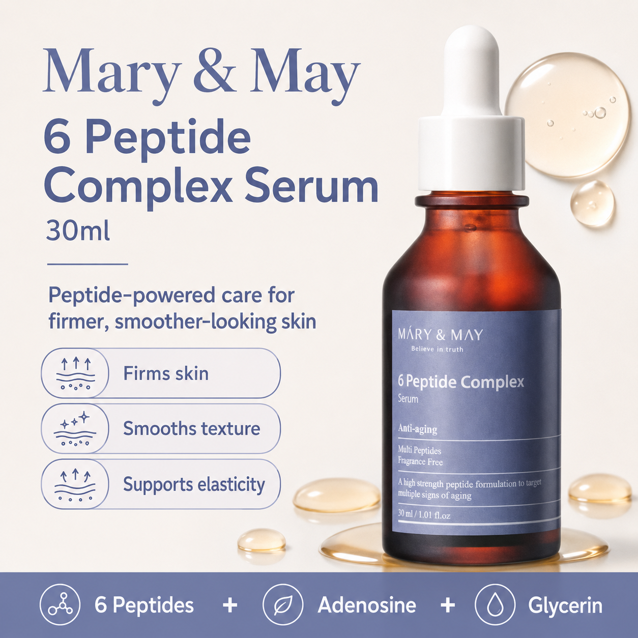 Mary & May 6 Peptide Complex Serum 30ml bottle on a light cream background with promotional text and droplet graphics. The amber glass bottle has a white dropper cap and a dark blue label.