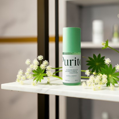 Purito Seoul Wonder Releaf Centella Unscented Serum 60ml on a shelf. 