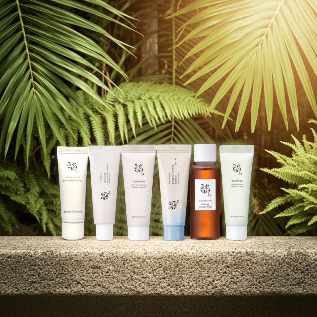 Beauty of Joseon Travel Mini Skincare Set on a tropical shelf