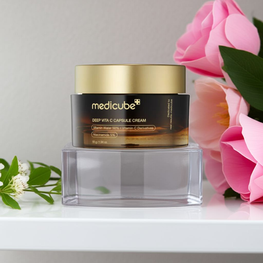 Medicube Deep Vita C Capsule Cream 55g on a pedestal