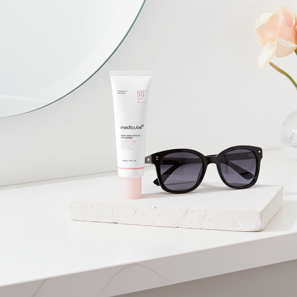 Medicube PDRN Pink Tone Up Sun Cream SPF50 on a shelf