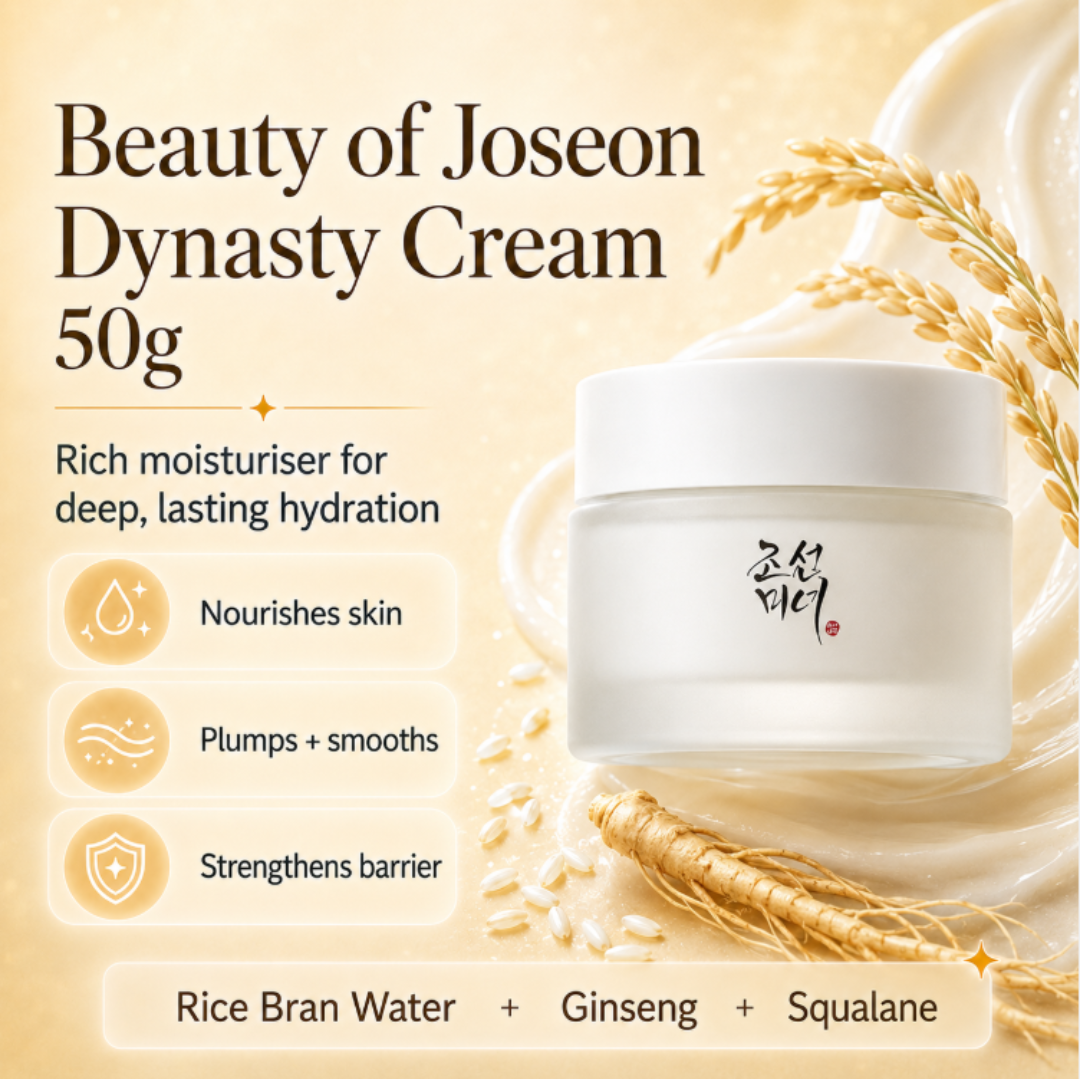 Beauty of Joseon Dynasty Cream 50g jar on a warm beige background with decorative wheat stalks and text highlighting moisturizing benefits.