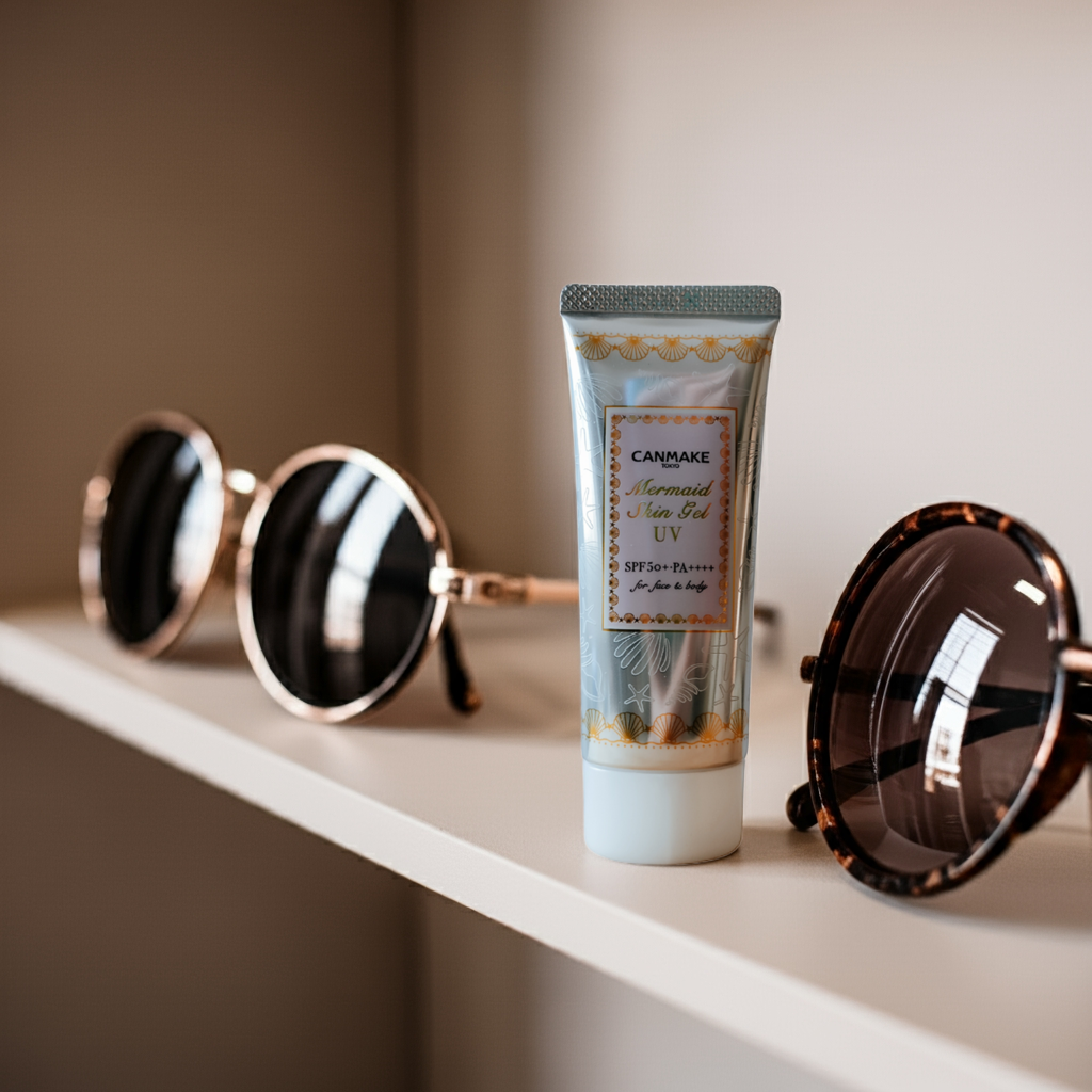 Canmake Mermaid Skin Gel UV Sunscreen Clear SPF 50 on a shelf