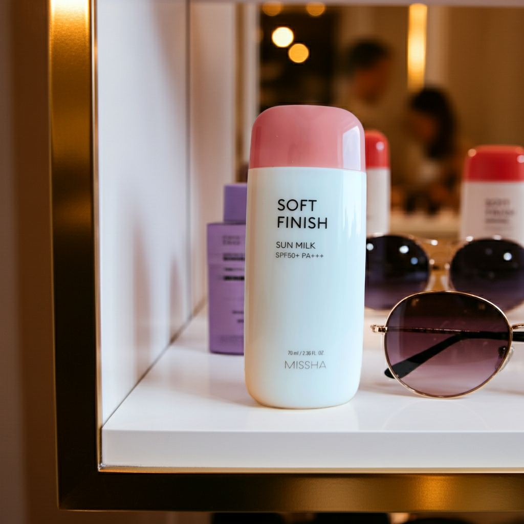 Missha All Around Safe Block Soft Finish Sun Milk SPF50+ PA+++ 70ml on a shelf