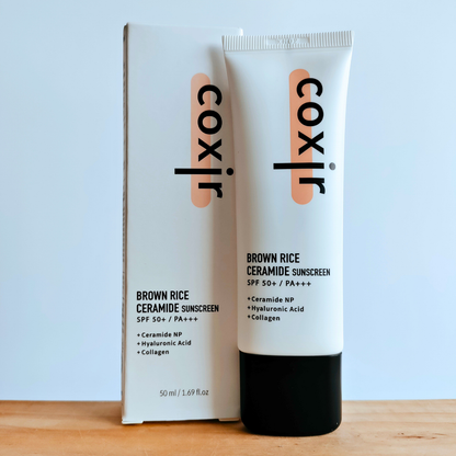 Coxir Brown Rice Ceramide Sunscreen SPF50+ PA+++ 50ml with packaging.