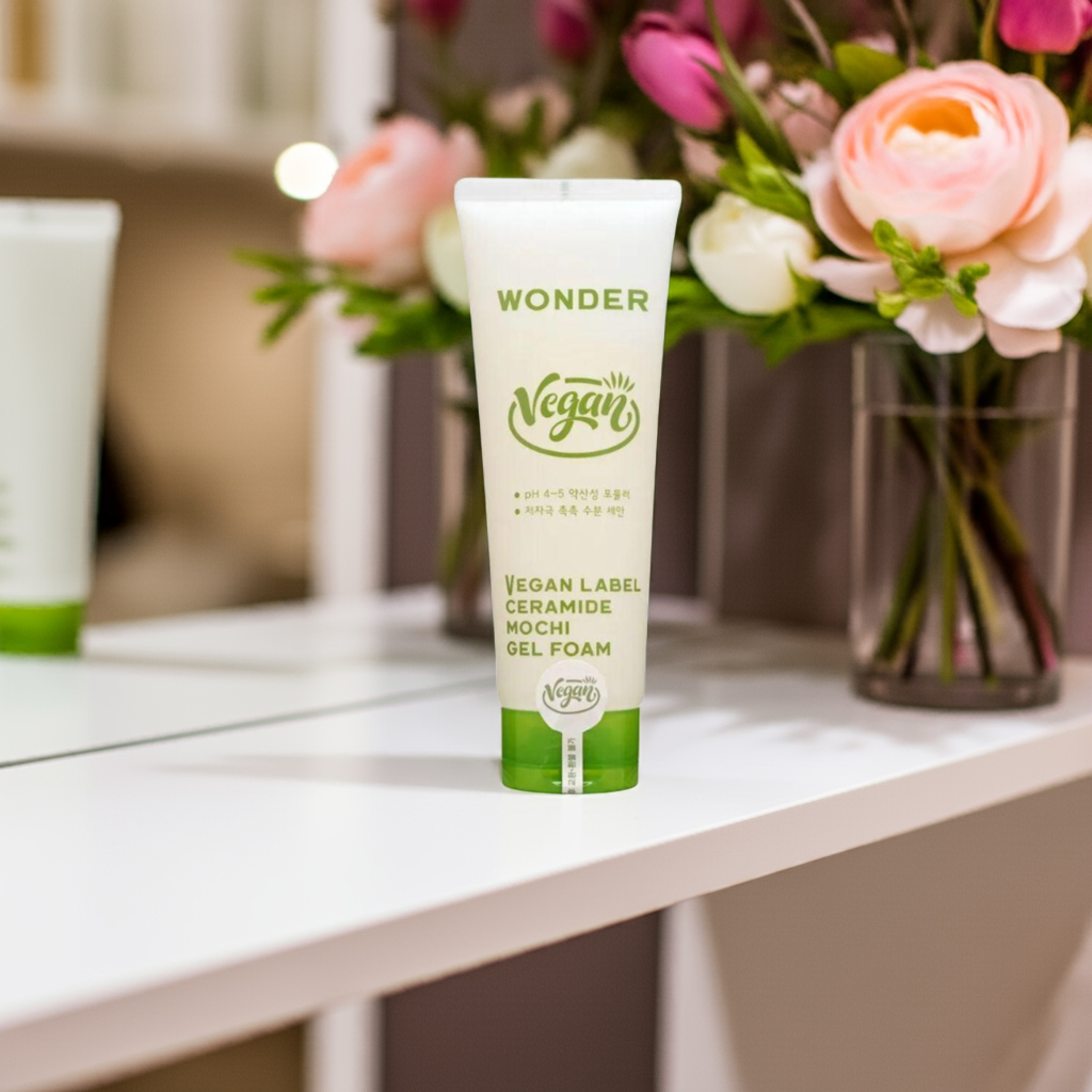 Tonymoly Wonder Vegan Label Ceramide Mochi Gel Foam 180g on a shelf