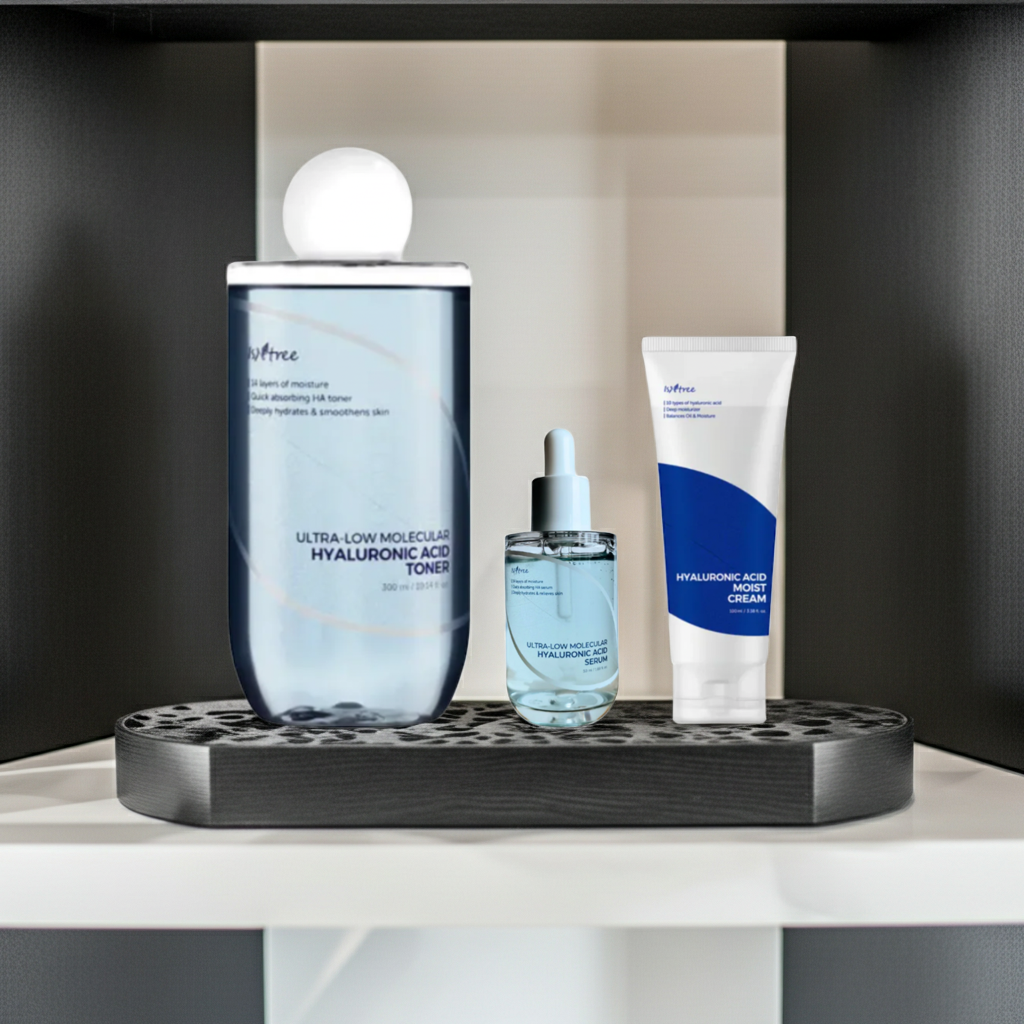 Isntree Hyaluronic Acid Skincare Routine Set on a shelf
