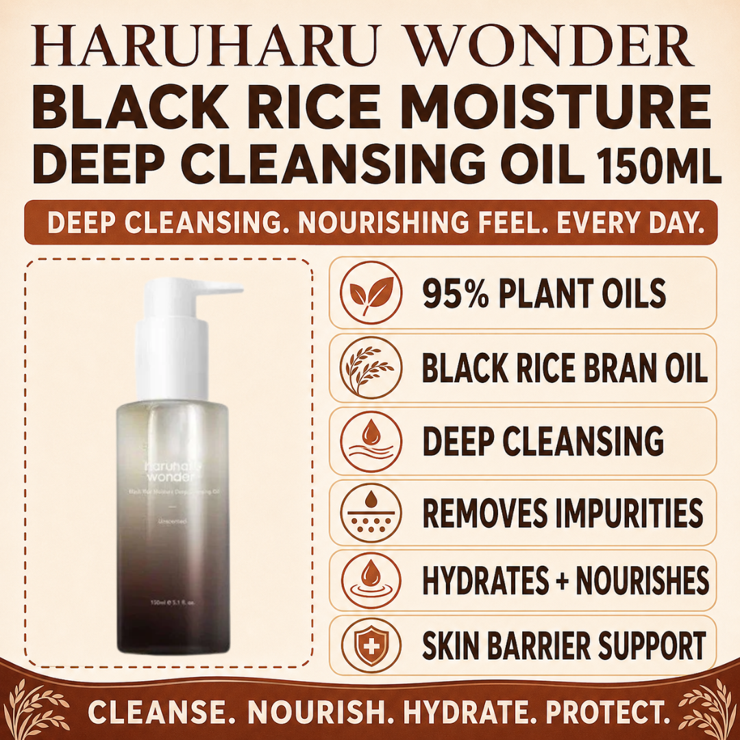 Haruharu WONDER Black Rice Moisture Deep Cleansing Oil 150ml benefits infographic
