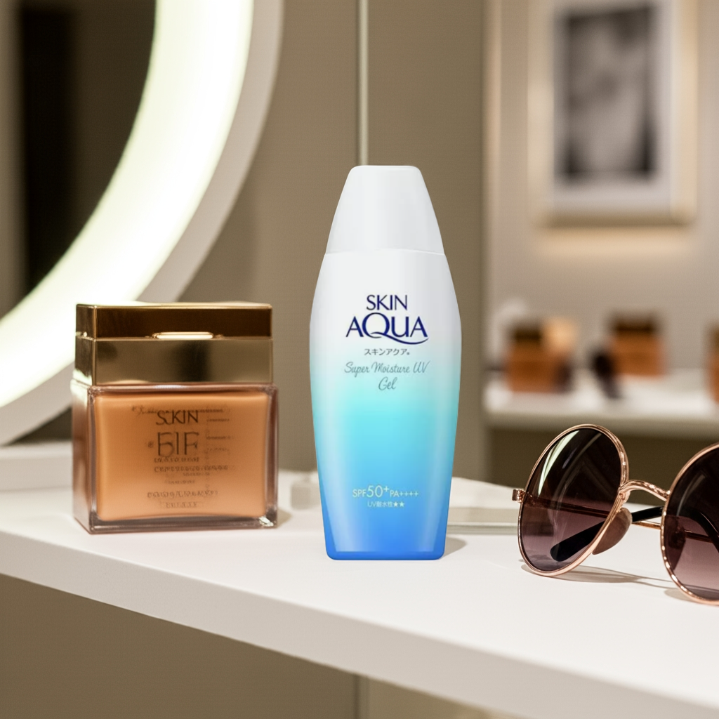 Rohto Mentholatum Skin Aqua Super Moisture UV Gel SPF50+ PA++++ on a shelf