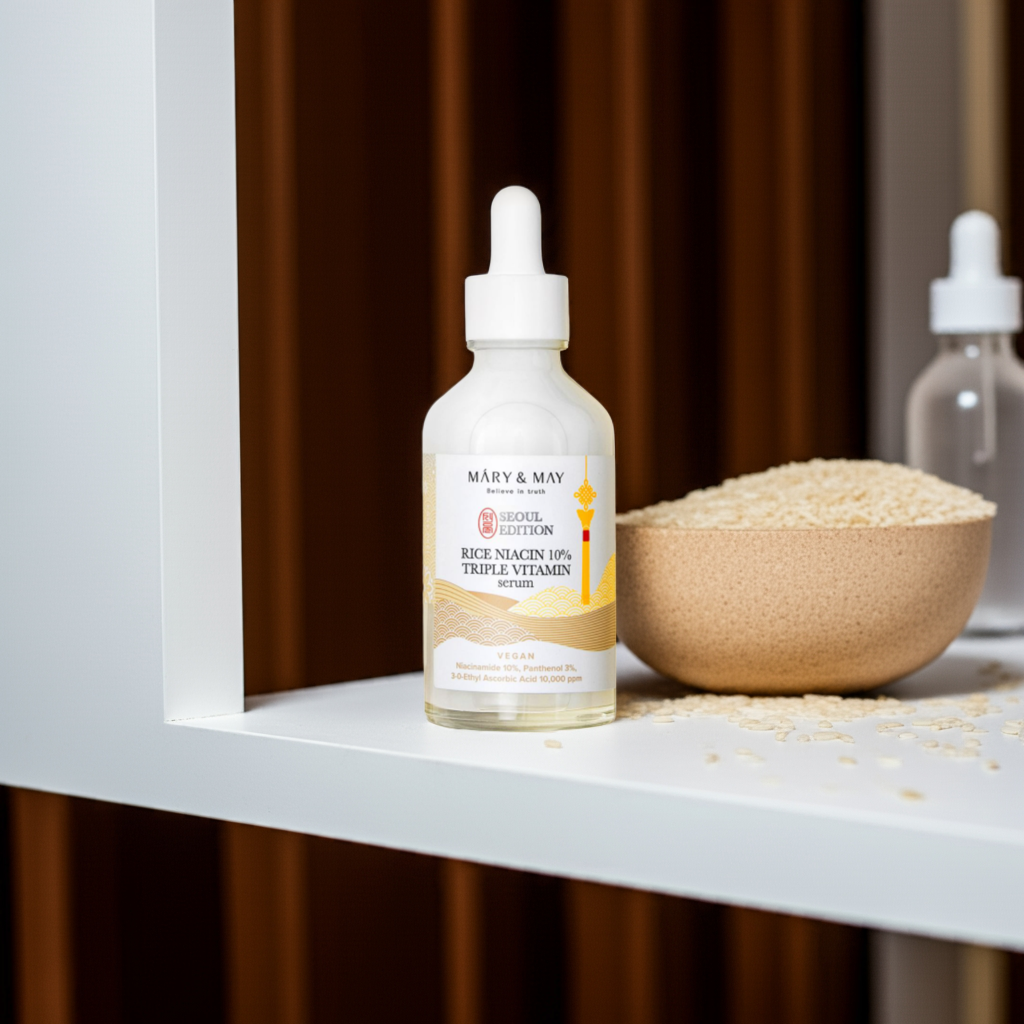 Mary & May Rice Niacin 10% Triple Vitamin Serum Seoul Edition 80ml on a shelf