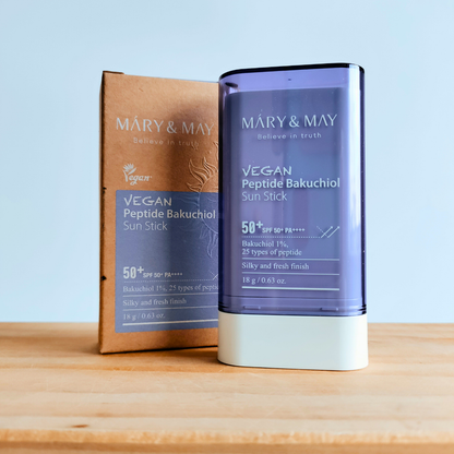 Mary & May Vegan Peptide Bakuchiol Sun Stick SPF50 with packaging box.