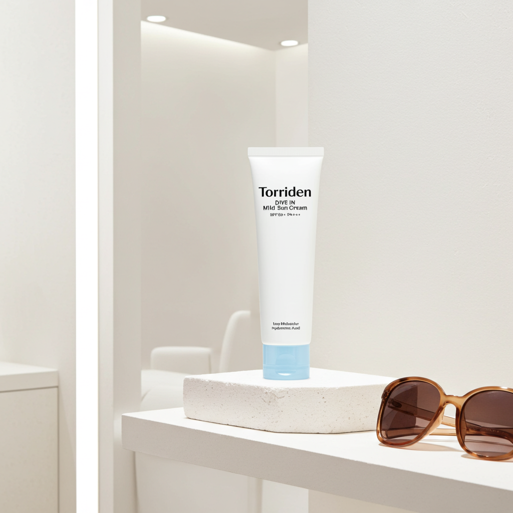 Torriden DIVE-IN Mild Suncream on a shelf. 