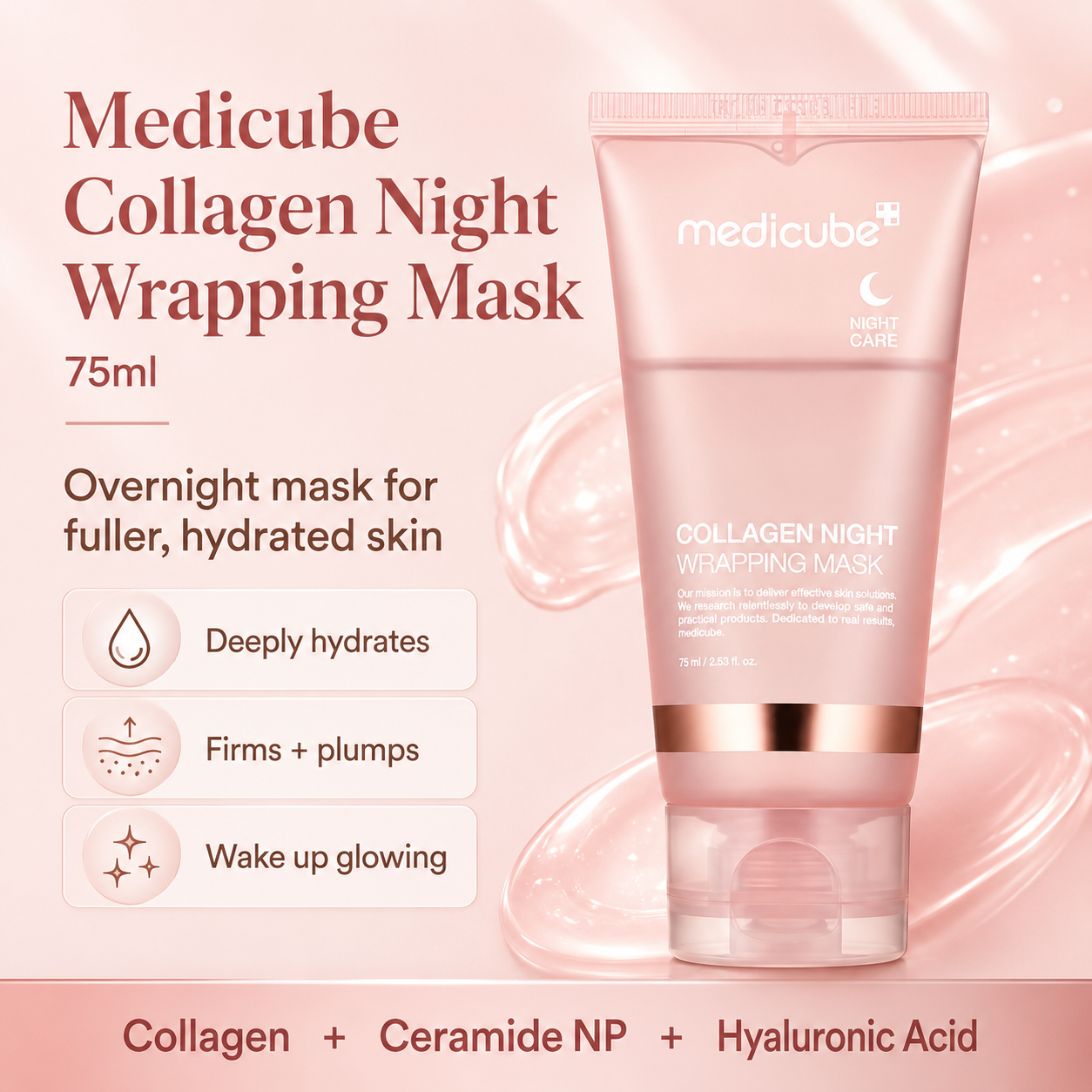 Medicube Collagen Night Wrapping Mask 75ml tube on a soft pink background with text and feature icons for deep hydration, firming, and glowing.