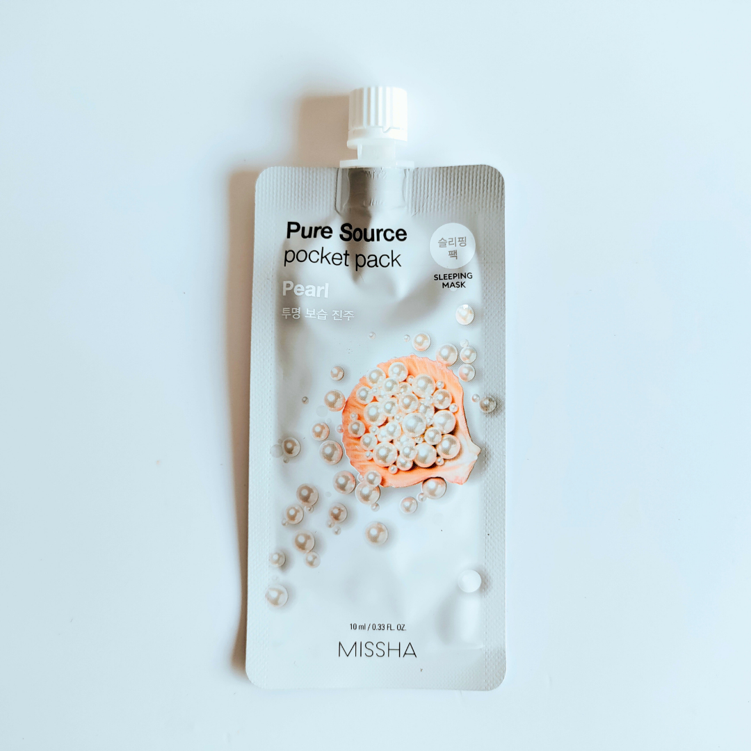 Missha Pure Source pearl pocket pack on a light blue background