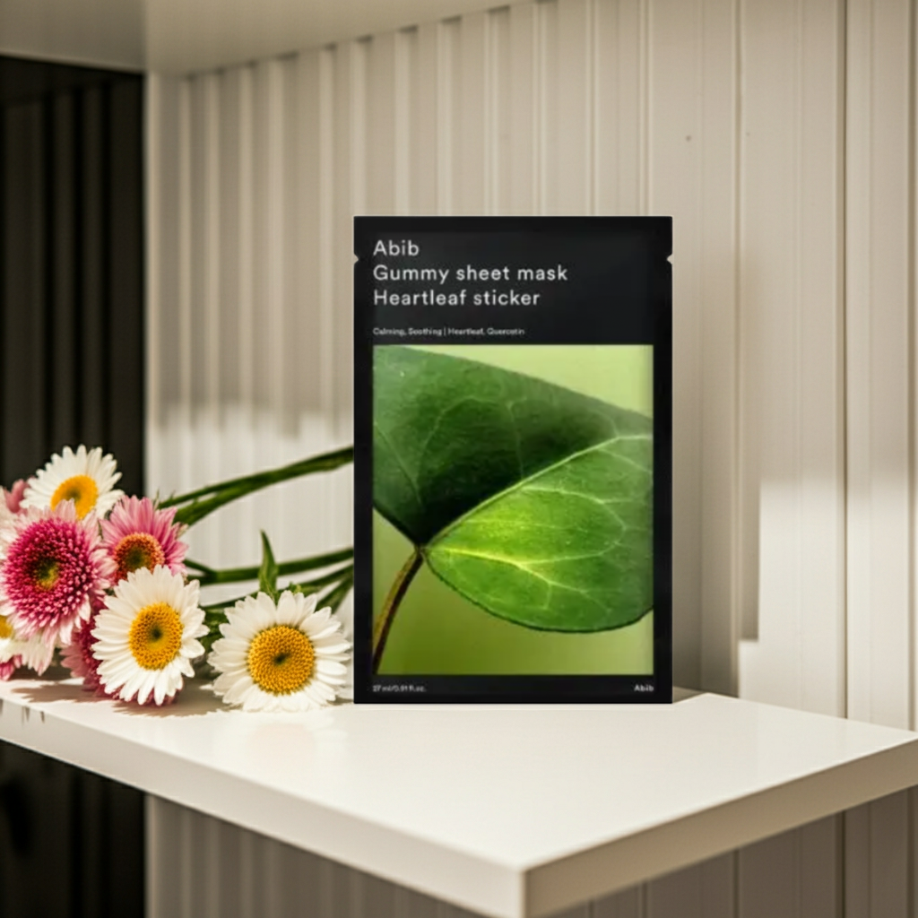 Abib Gummy Sheet Mask Heartleaf Sticker 35g on a shelf. 