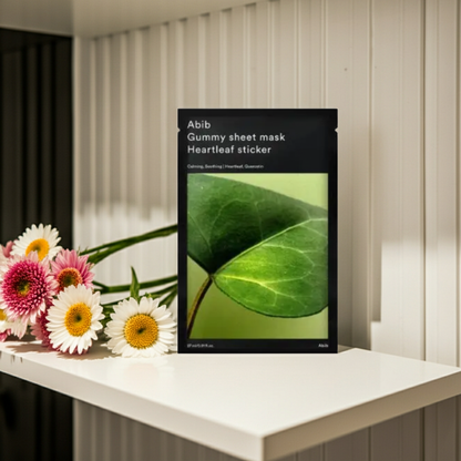 Abib Gummy Sheet Mask Heartleaf Sticker 35g on a shelf. 
