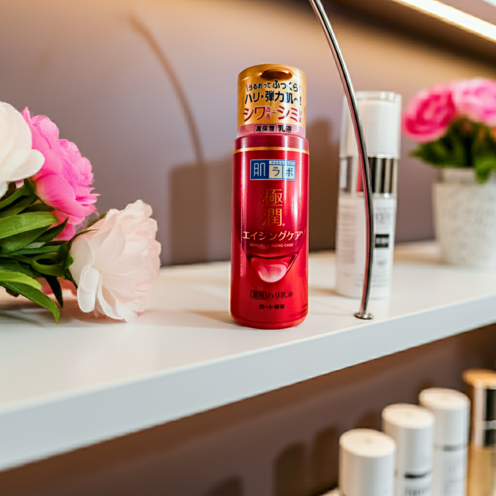 Hada Labo Gokujyun Aging Care Firming Emulsion 140ml on a shelf. 