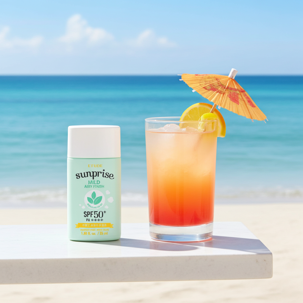 Etude Sunprise Mild Airy Sunscreen on the beach