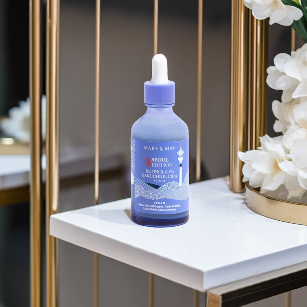 Mary & May Retinol 0.1% Bakuchiol Cica Serum Seoul Edition 80ml on a shelf