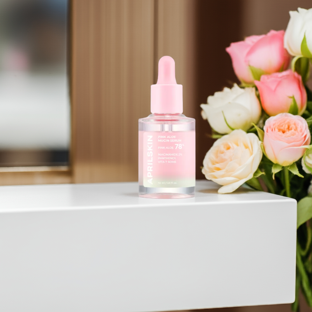 APRILSKIN Pink Aloe Mucin Serum 30ml on a shelf.