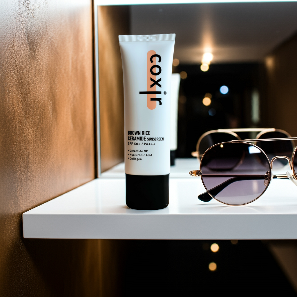 Coxir Brown Rice Ceramide Sunscreen SPF50+ PA+++ 50ml on a shelf. 