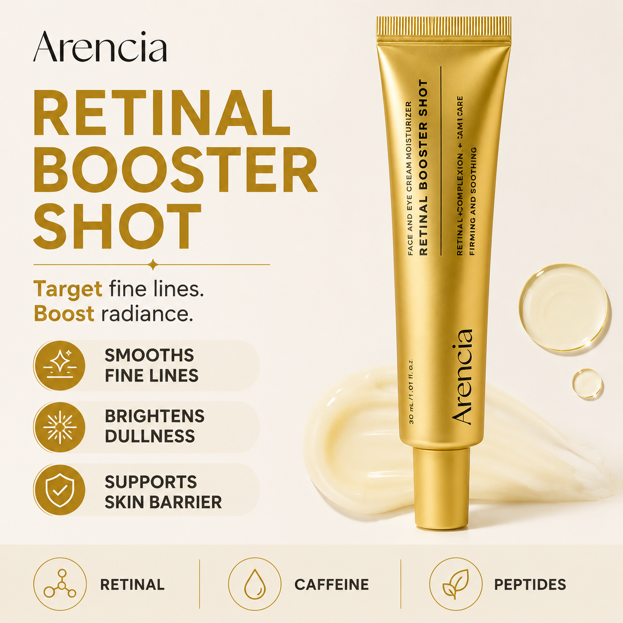 Arencia Retinal Booster Shot skincare tube in metallic gold packaging, shown on a light beige background with product benefits listed on the left and decorative cream smear and droplet graphics.