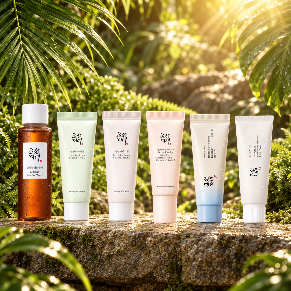 Beauty of Joseon Travel Mini Skincare Set on a tropical shelf