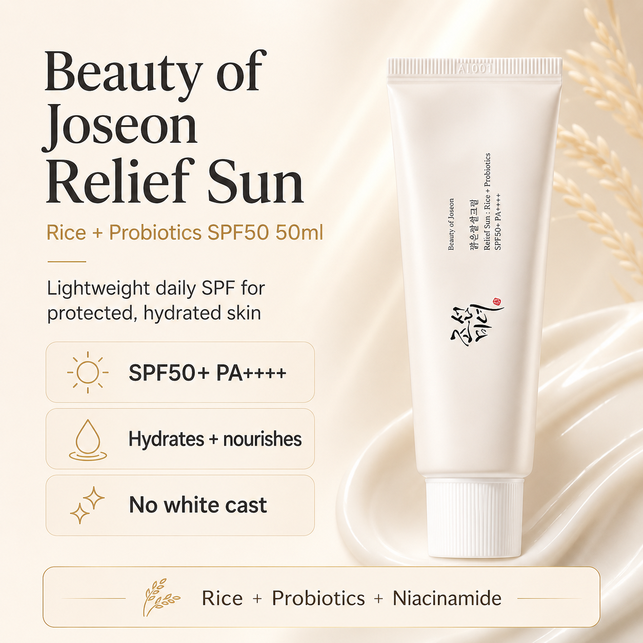 A white tube of Joseon Relief Sun SPF50+ sunscreen with Korean text on the label, set against a warm beige background with elegant cream-colored liquid waves and wheat illustrations. The left side features product information text highlighting rice and probiotic ingredients.