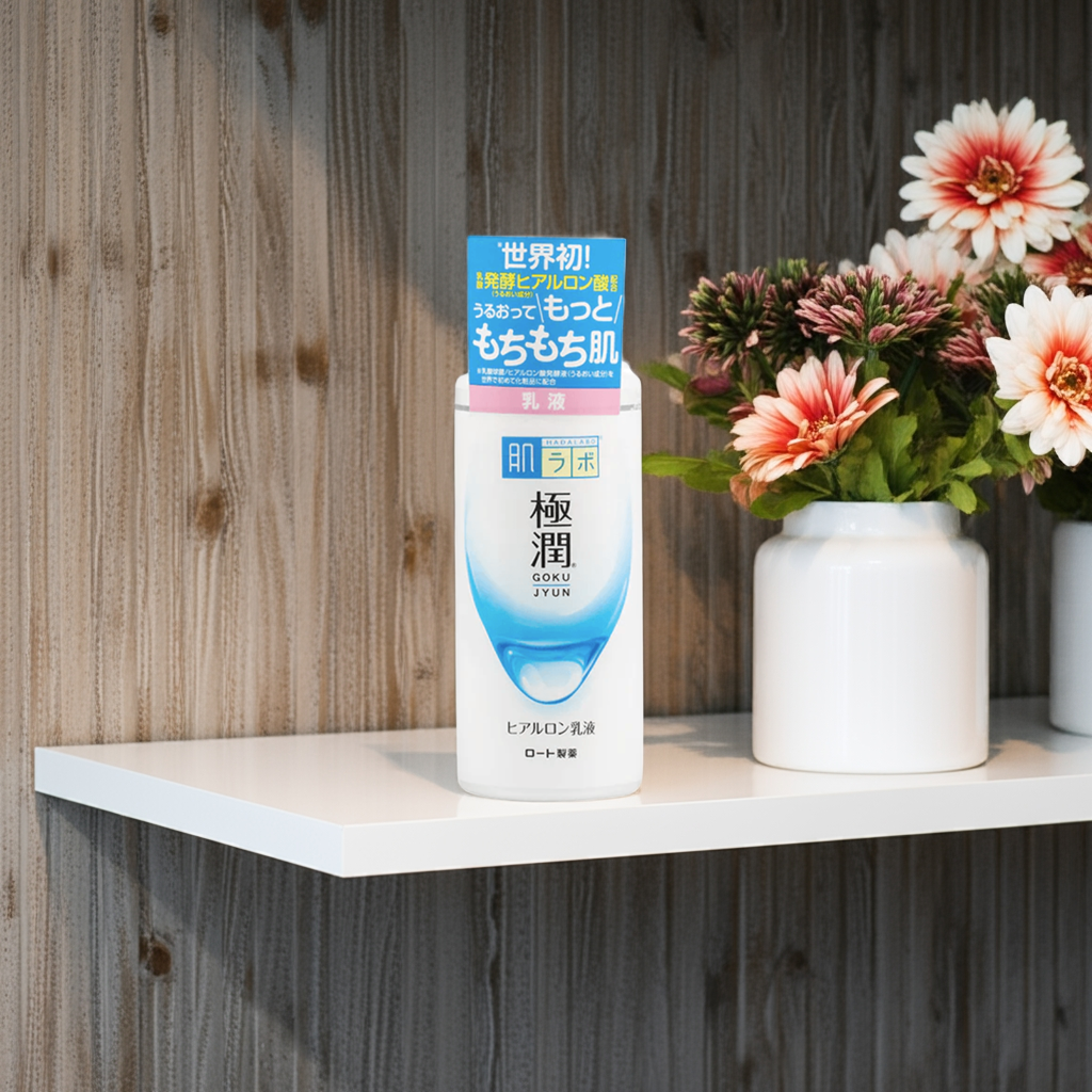 Hada Labo Gokujyun Hyaluronic Acid Hydrating Milk Lotion 140ml on a shelf