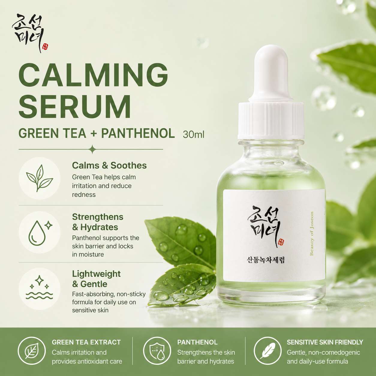 A 30ml dropper bottle of Calming Serum with green tea and panthenol, displayed on a light green background with water droplets and leaves. The bottle has a white cap and Korean text on the label.