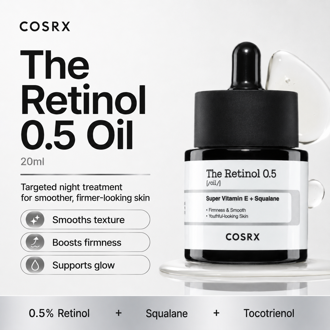 COSRX The Retinol 0.5 Oil 20ml dropper bottle shown on a white background with product details and benefits listed on the left.