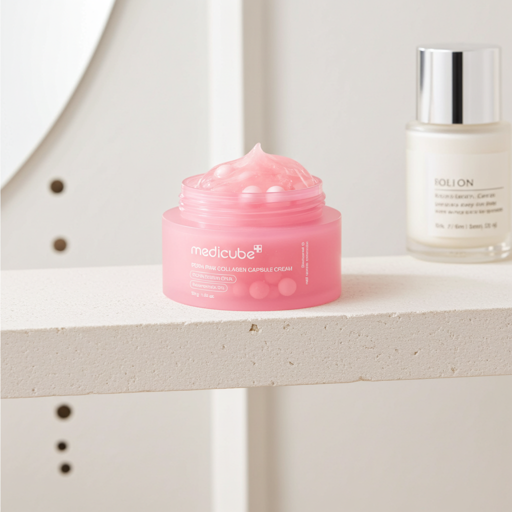Medicube PDRN Pink Collagen Capsule Cream 55g on a shelf. 
