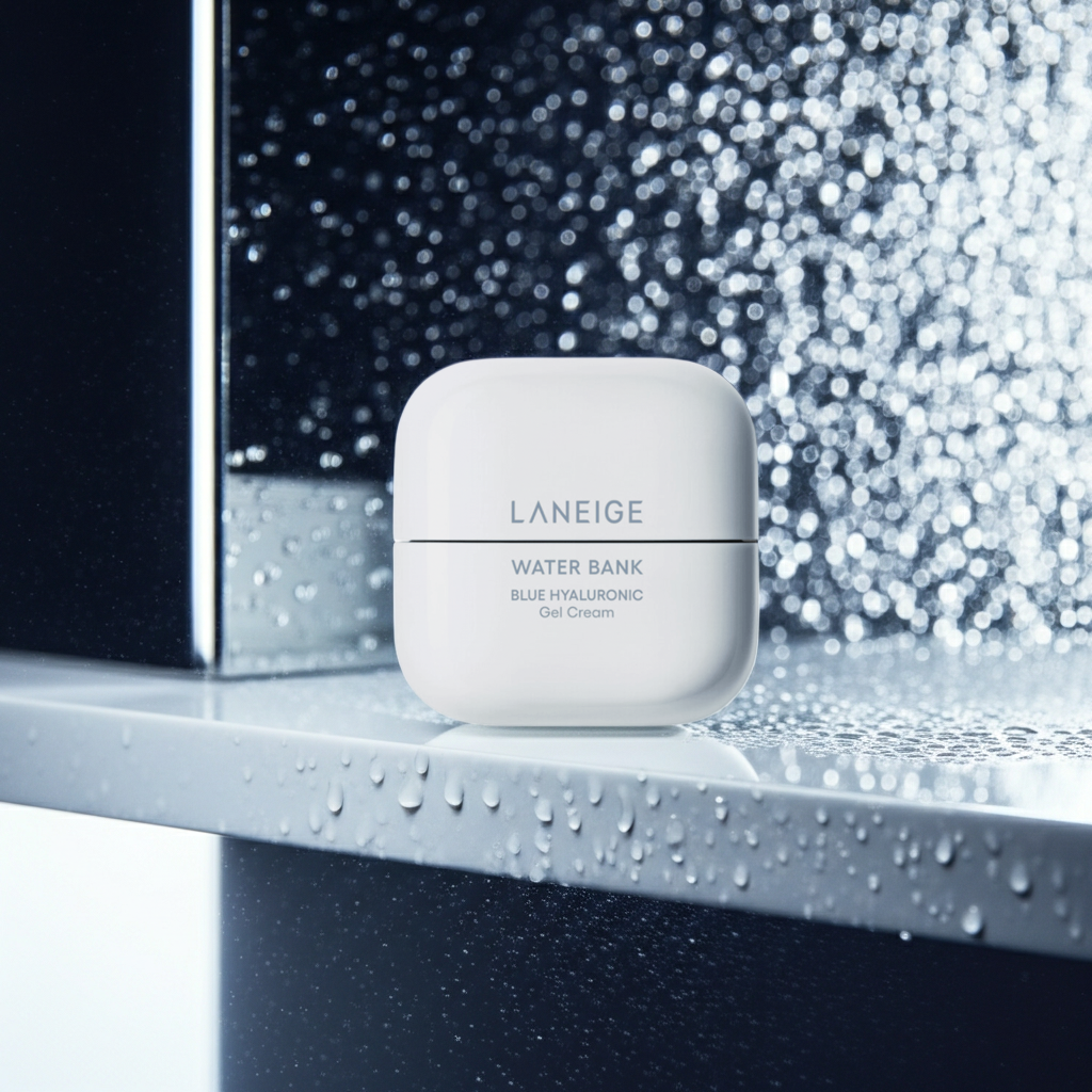 Laneige Water Bank Blue Hyaluronic Gel Cream 50ml on a wet shelf. 