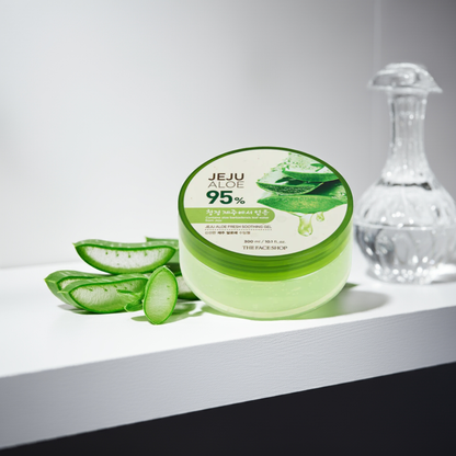 The Face Shop Jeju Aloe 95% Fresh Soothing Gel 300ml on a shelf. 