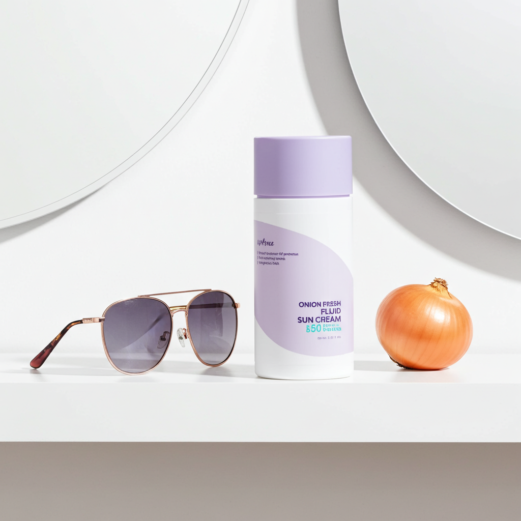 Isntree Onion Fresh Fluid Sun Cream SPF50+ PA++++ on a shelf. 