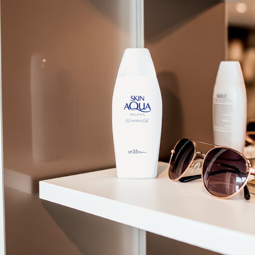 Rohto Mentholatum Skin Aqua UV Moisture Gel SPF 35 PA+++ on a shelf