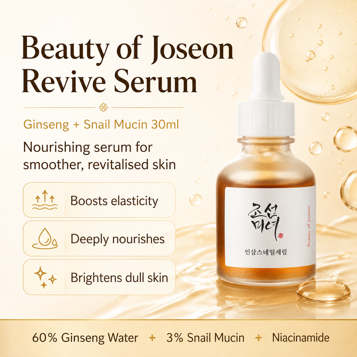 Beauty of Joseon Revive Serum in a 30ml amber glass dropper bottle with a white cap and a white label featuring Korean text. The background is a warm beige with golden liquid droplets and text detailing the ingredients: Ginseng + Snail Mucin 30ml.