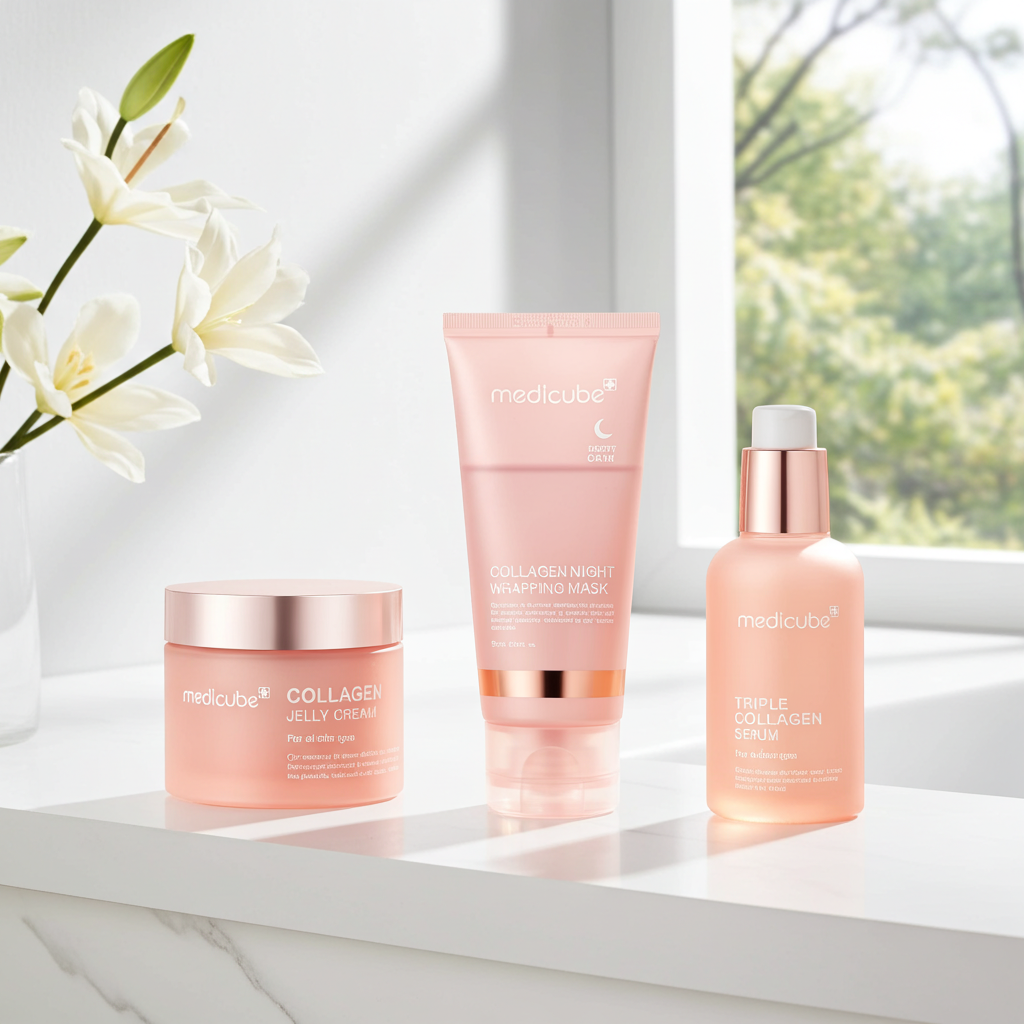 Medicube Collagen Skincare Routine Set on a shelf. 