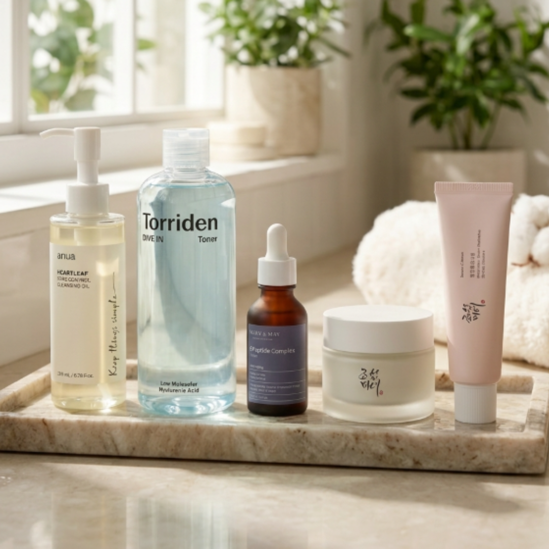 Beginners Korean skincare set on display
