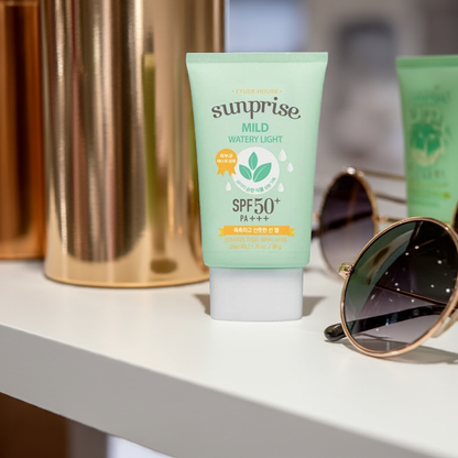 Etude Sunprise Mild Watery Light Sunscreen SPF50+ PA+++ on a shelf.