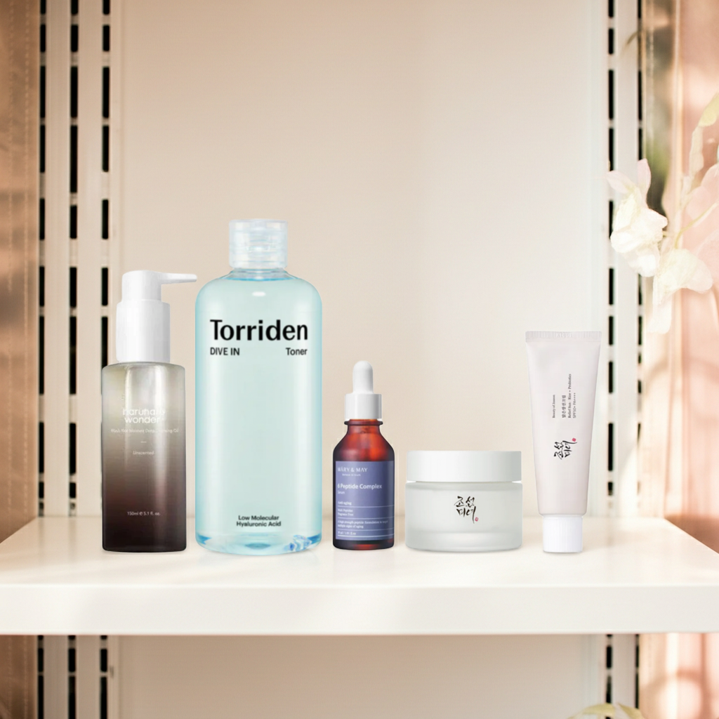 Korean Skincare Starter Set on a shelf.