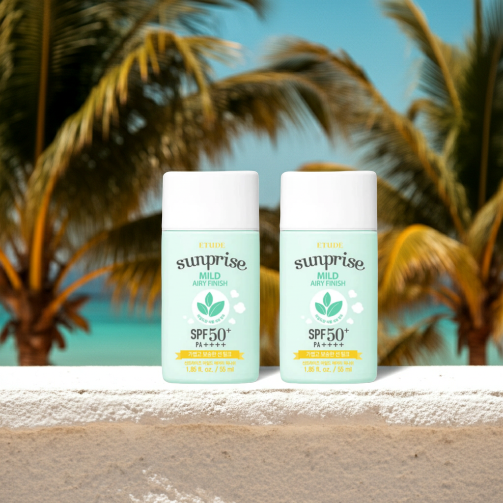 Etude Sunprise Mild Airy Sunscreen Double Pack on a beach.