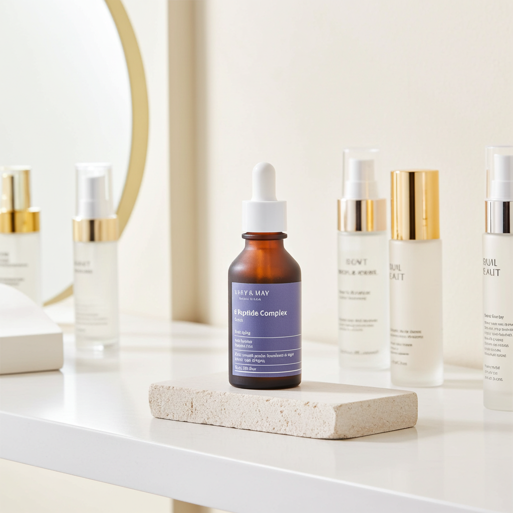 Mary & May 6 Peptide Complex Serum 30ml on a shelf. 