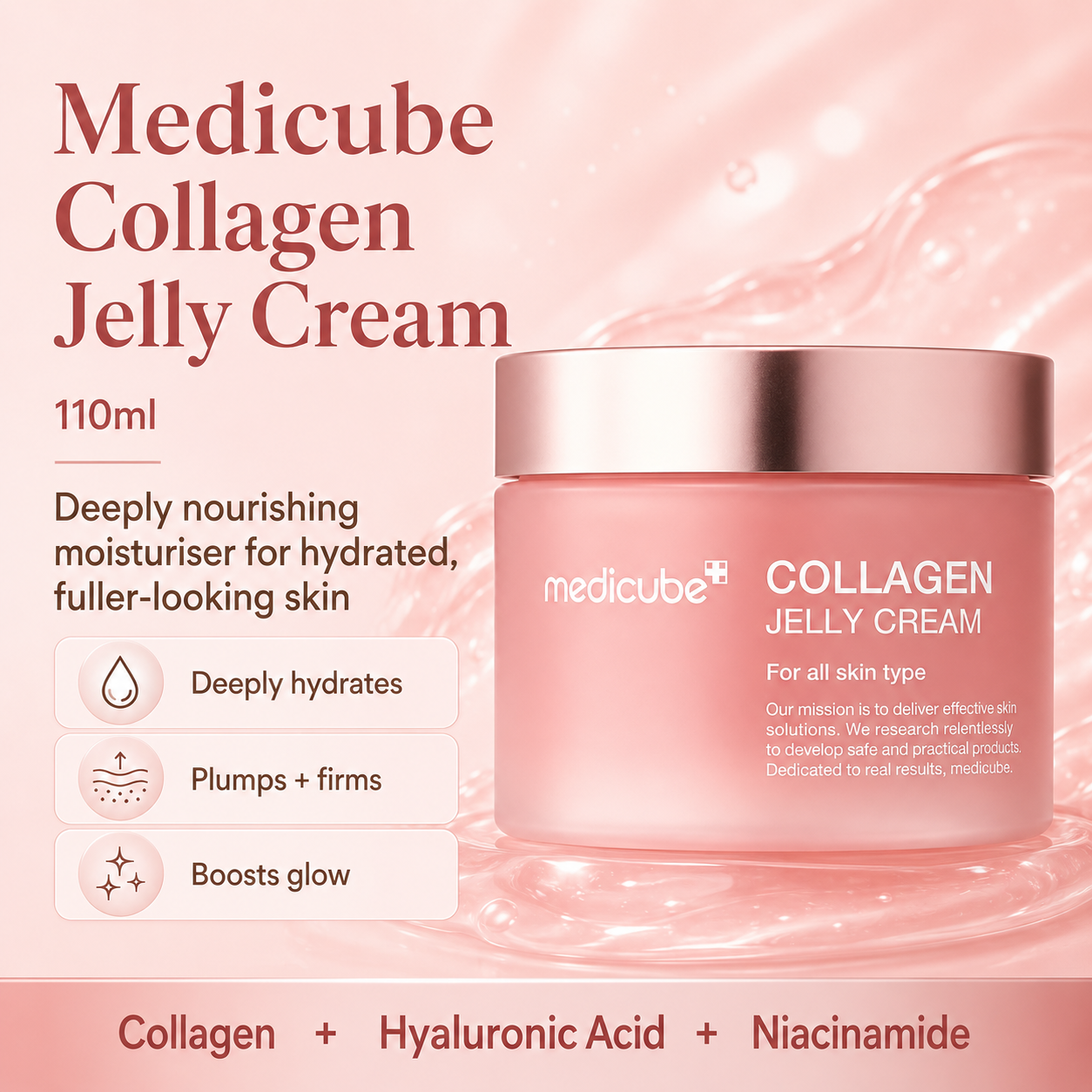 Medicube Collagen Jelly Cream in a pink jar with a metallic rose gold lid, set against a pink liquid splash background with product details and benefits listed on the left.