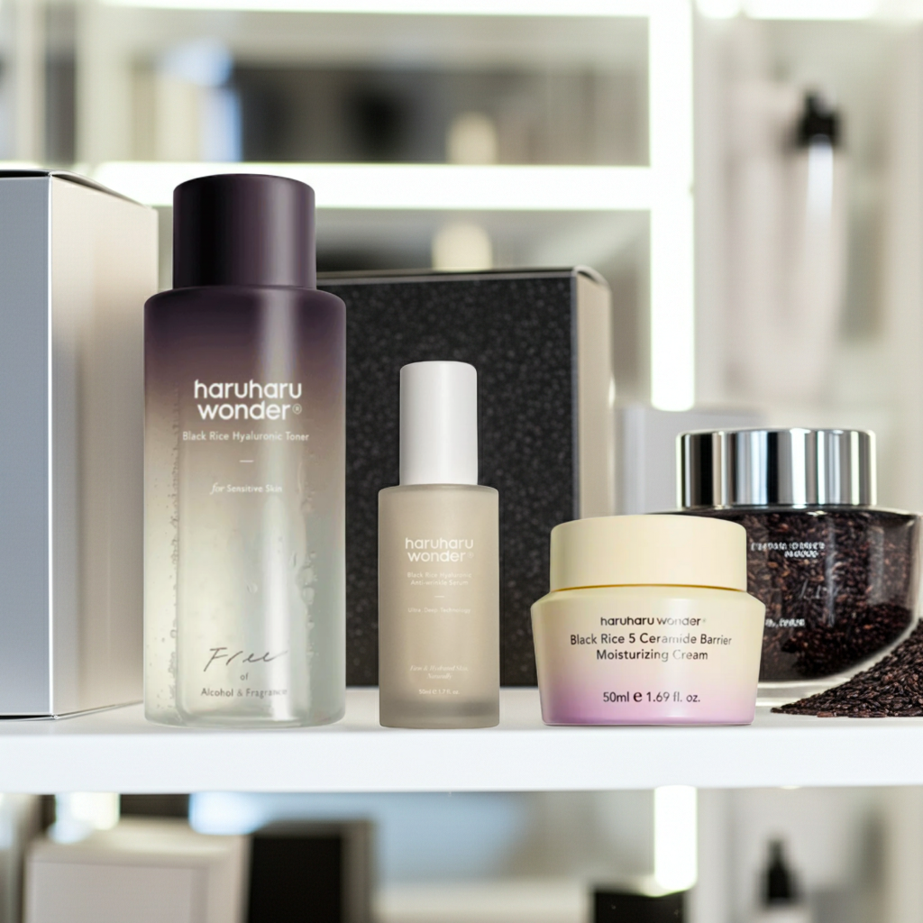 Haruharu Wonder Black Rice Skincare Routine Set ln a shelf. 