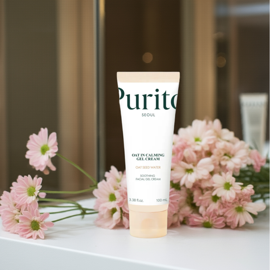 Purito Oat-In Calming Gel Cream 100ml on a shelf.