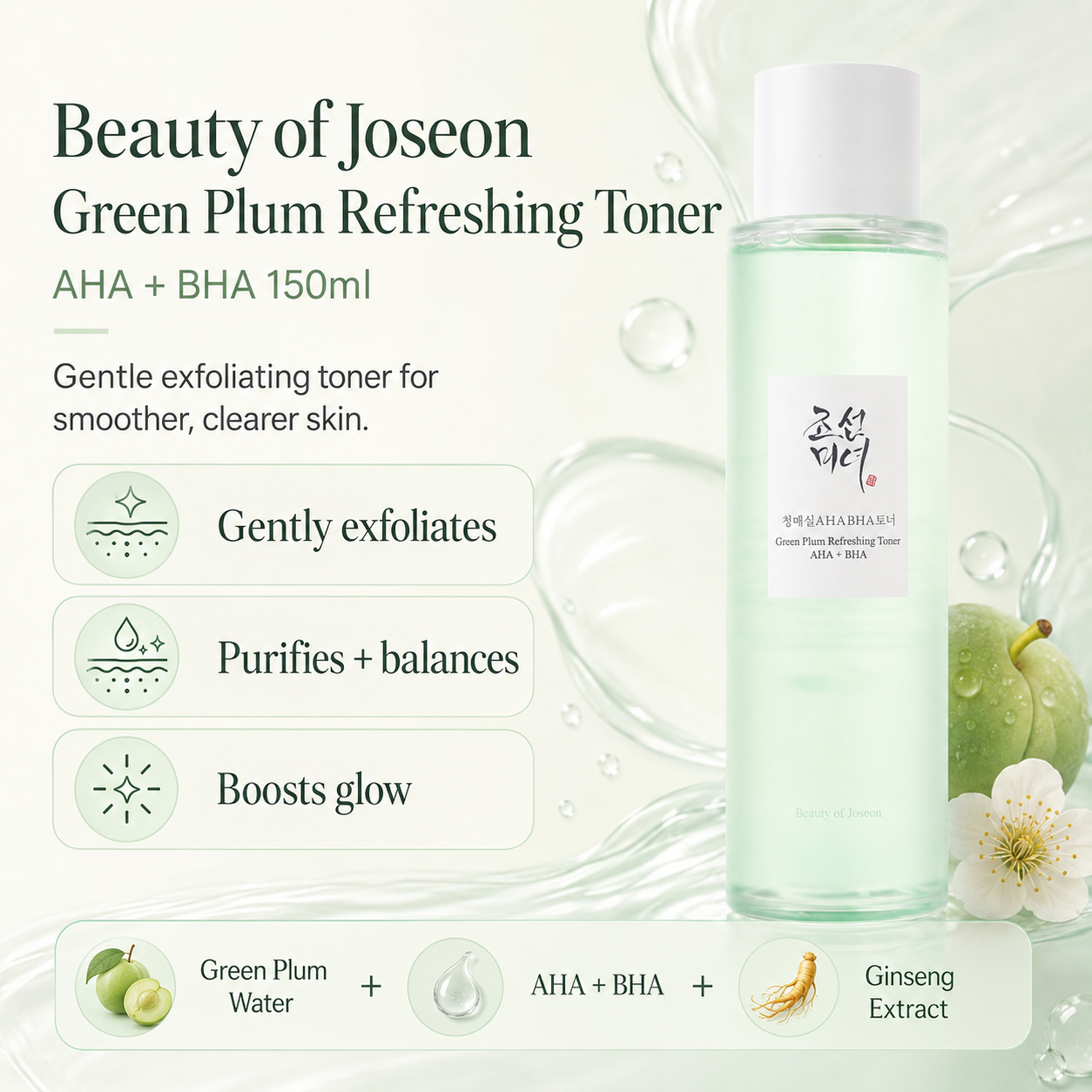 Beauty of Joseon Green Plum Refreshing Toner bottle shown on a pale green background with product text, ingredient icons, and decorative plum and flower graphics.